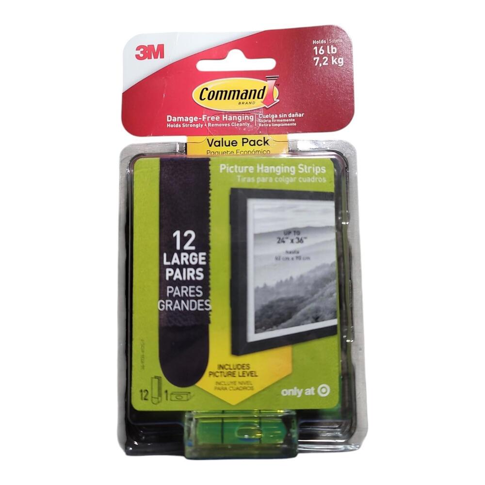 Command Picture Hanging Strips w/Level LARGE  Black Holds 16 lbs